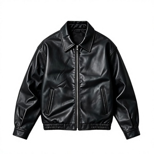 Blouson Bomber en Cuir PU Noir pour Homme, Col Rabattu, Fermeture Éclair, Coupe Classique, Couleur Unie, Style Moto Biker, Vêtement d'Automne - Product Image 1