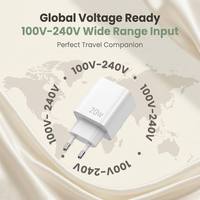 Cargador de Viaje Dual Port 20W PD QC, Tipo-C + USB-A, Compacto, Blanco, Enchufe Europeo, Mini Cargador Portátil para Smartphone