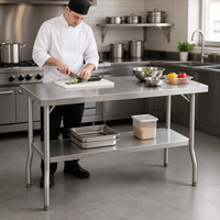 Table de travail portable pliable en acier inoxydable avec étagère inférieure, finition auto-nettoyante et résistante aux produits chimiques pour la préparation alimentaire commerciale