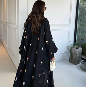 Abaya LEDUO Negra Transpirable de Poliéster de Doble Capa, Estilo Étnico, Corte Recto, Larga hasta el Suelo, Adornada con Flores Bordadas de Colores - Product Image 2