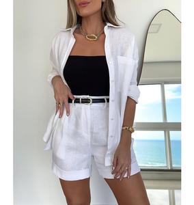 Spot nuovo stile tinta unita stile tinta unita Casual camicia a maniche lunghe <span class=keywords><strong>pantaloncini</strong></span> con cintura abito da <span class=keywords><strong>donna</strong></span> - Product Image 1