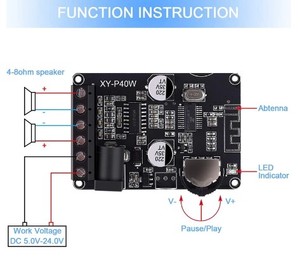 Carte d'amplification audio stéréo XY-P40W 5.0 40Wx2 avec récepteur BT, alimentation CC 12/24V - Product Image 2