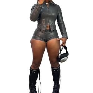 Women's PU Leather Stand Collar Two-Way Zipper Biker Long Sleeve <b>Top</b> and Shorts 2-Piece Set Fashion - Product Image 3