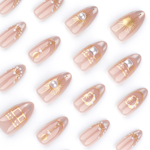 3650 Elegantes <span class=keywords><strong>Uñas</strong></span> Postizas Cortas de Color <span class=keywords><strong>Rosa</strong></span> Francés con Diseño Celestial Dorado <span class=keywords><strong>y</strong></span> Perlas, <span class=keywords><strong>Uñas</strong></span> Artificiales Personalizables - Product Image 4