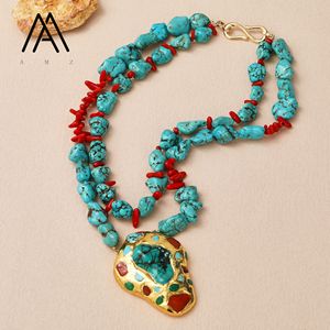 Collana Vintage Stile Bohémien <span class=keywords><strong>con</strong></span> Doppia Catena e Ciondolo in Turchese e Corallo Rosso, <span class=keywords><strong>Girocollo</strong></span> Placcato Oro <span class=keywords><strong>con</strong></span> Perline per Feste - Product Image 3