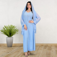 Setelan Jalabiya Mewah 2-Potong dari Kain Chiffon Polyester dengan Hijab Berhiaskan Rhinestone, Lengan Panjang, Elegan, Berkilau, Gaun Pesta Malam Dubai Kaftan