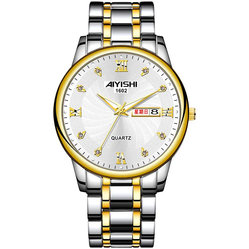 AIYISHI 1602 Brand Fashion Business Style Wristwatch Stainless Steel Waterproof Quartz Core Double Calendar Men's Watches