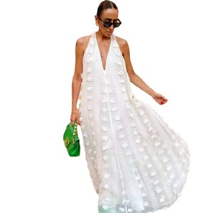 Robe longue d'été décontractée pour femme, col halter, col en V, ruban floral 3D, respirante, pour les fêtes et les vacances - Product Image 4