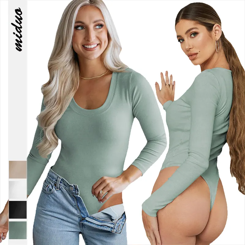 Satu Potong Elegan Baru Musim Gugur Pakaian Romper Kualitas Tinggi Kasual Atasan Bodysuit Spandeks Jumpsuit Bergaris Wanita