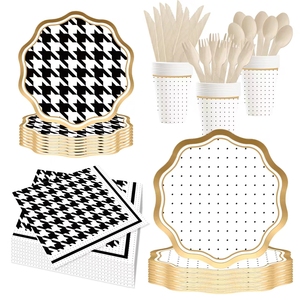 Juego de Vajilla Desechable DAMAI en Blanco y Negro, Platos y Vasos de Papel con Borde Dorado, Artículos para Fiestas, Decoraciones Modernas para Cumpleaños y Año Nuevo - Product Image 1