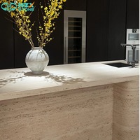 Dalles de marbre travertin beige HZX Premium pour cuisine, îlot de cuisine, comptoir, table basse en pierre de luxe personnalisable