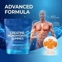 Gummies de créatine monohydrate pour la croissance musculaire chez l'adulte - Certifiées Halal, 2g par dose, Bouteille de 60 unités, Végétaliennes, Sans gluten, Naturelles, Marque privée