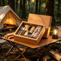 Coffret Cadeau Camping Kraft avec Cafetière Moka, Thermos, Cuillères, Boussole, Couverture à Carreaux, Lanterne, Tente – Emballage en Gros, Ensemble Cadeau
