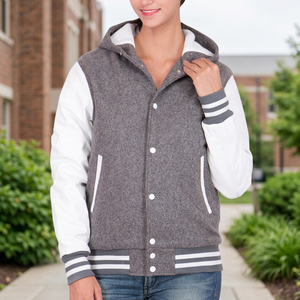 Women's Knitted Wool Windproof Varsity <b>Jacket</b> with <b>Leather</b> Sleeves Hood Winter Baseball Letterman Hoodie - Product Image 3