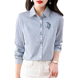 Vrouwen Bloemen Geborduurde Casual Blouse Herfst Lange Mouw Gestreepte Shirt Bloemen Tops Mode E1133