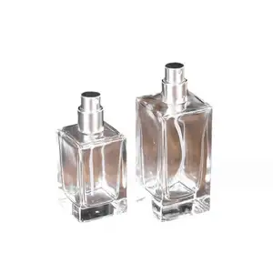 30ml 50ml 100ml quaderförmige Parfüm flasche aus klarem dickem Glas mit Schnapp crimp auf Metall zerstäuber und großer Metall kappe