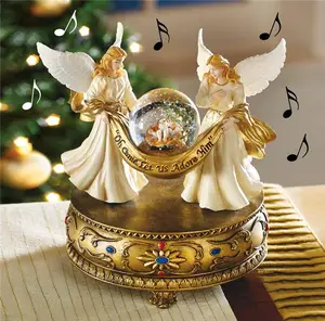 Polyresin/Resin Nativity Salju Dunia Musik Malaikat Liburan Natal Salju Globe, Aksen Meja Emas-Memainkan O Malam Suci