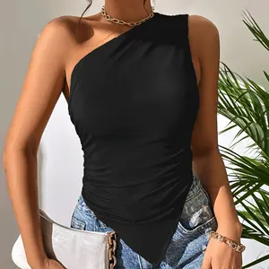 Wholesale popular autumn winter black sexy cami women's sleeveless off shoulder top asymetrique slim blouse