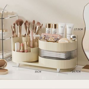 Dropshipping Shopify organizador de maquillaje giratorio, organizador de encimera de maquillaje giratorio de 2 niveles para tocador con soporte para brochas de maquillaje - Product Image 1
