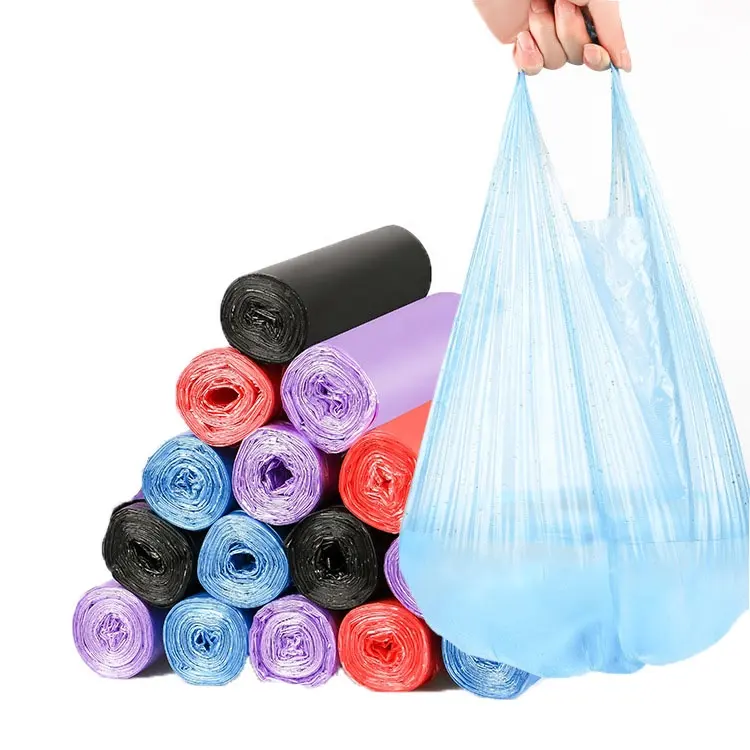 Fábrica tomada descartável plástico lixo sacos grande cozinha t-shirt resíduos saco forro rolos com cores para o lixo pode