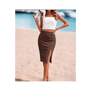 Women's Ribbed Elastic Waist Pencil <b>Skirt</b> 65 Cm Length With Front Slit For Office Wear - Product Image 2