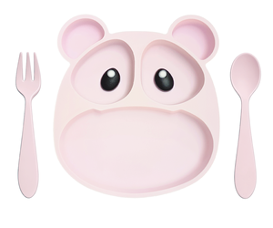 Assiette à compartiments multiples en silicone pour enfants, motif ours de dessin animé, avec fourchette et cuillère, non toxique, résistante à la chaleur, compatible lave-vaisselle, avec boîte - Product Image 4