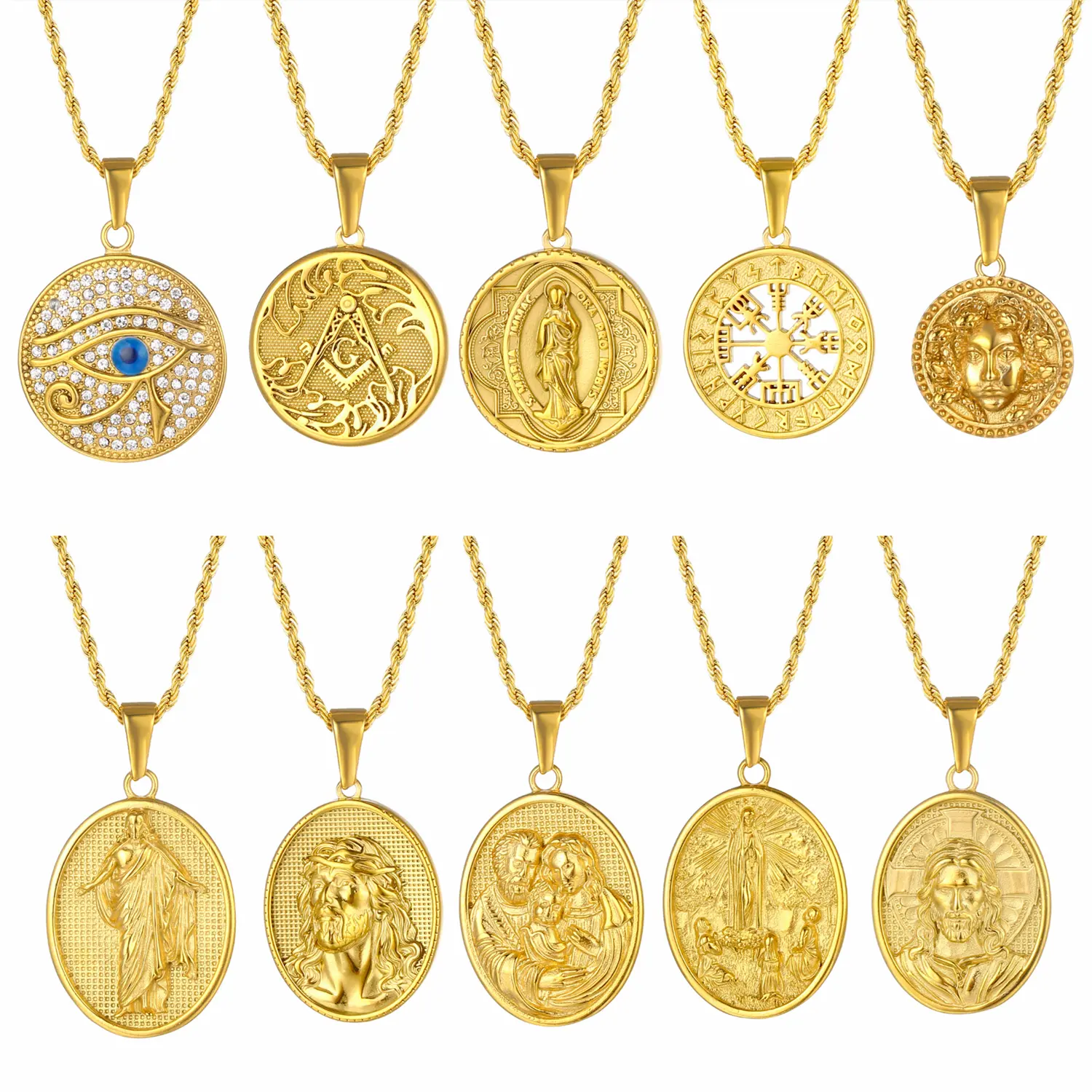 Ojo de Horus de oro de 18 quilates, colgante de masón de runa vikinga de la Virgen María Jesús, diseño de logotipo personalizado, collar de acero inoxidable, joyería