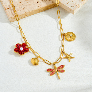 European American <b>Light</b> Luxury Gold Plated Stainless Steel Pendant Necklace With Flower Dragonfly Starfish <b>Shell</b> Charm - Product Image 3
