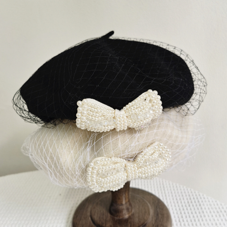 F-1939 Fashion Pearl Bow Wool Felt Hat - Classic Beret