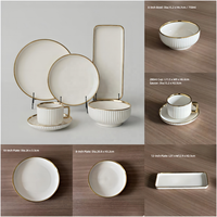 Service de table de luxe en porcelaine à bord doré, 32 pièces pour 6 personnes - Assiettes, tasses et soucoupes à rayures verticales en relief pour mariage, maison et traiteur