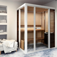 Sauna infrarouge moderne pour 4 personnes, salle humide et sèche, traditionnel, en bois, avec panneau de commande informatique, pour usage commercial et bien-être.