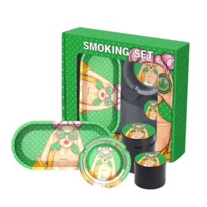 Set de fumeurs avec plateau à roulettes Cendrier en verre et broyeur dans une boîte cadeau Set de fumeurs 5 en 1