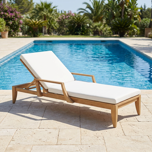 Chaise longue en teck massif réglable avec lattes, pour patio et bord de piscine, avec coussins - Product Image 1