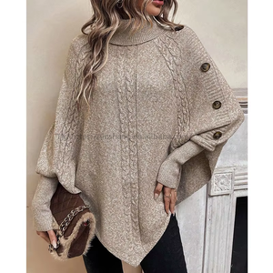Novedad Otoño/Invierno: Top de Punto Trenzado con Cuello Alto y Botones, Manga Murciélago, para Mujer - Product Image 1