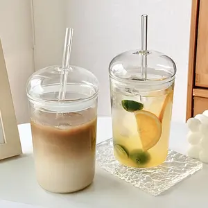 Accept Custom Glass Cups Clear Leakproof Heat-Resisting Water Glass Cups With Nylon Silicone Ring Lid and Straw