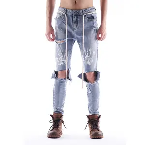 Vaqueros ajustados con agujero en la rodilla para hombre, Jeans con logotipo personalizado de alta calidad, OEM/ODM, nuevo estilo, venta al por mayor