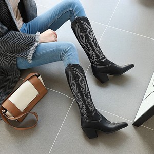 Big Size 47 Women Long Dress Boots Fancy Knee High Knight on Boots Ladies Pointed Toe Square Hoof Heel Boots <b>Shoes</b> - Product Image 6