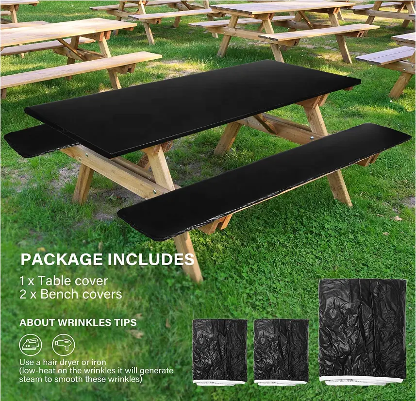 3 PCS Picnic Table and Bench Fitted Tablecloth Cover for 6 Ft Table 30 x 72 Inch Vinyl Elastic Edges Waterproof Table Cover