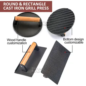 Round Shape BBQ Cast Iron Meat Press Steak Meat Grill Press With Wooden Handle Cast Iron Bacon Press