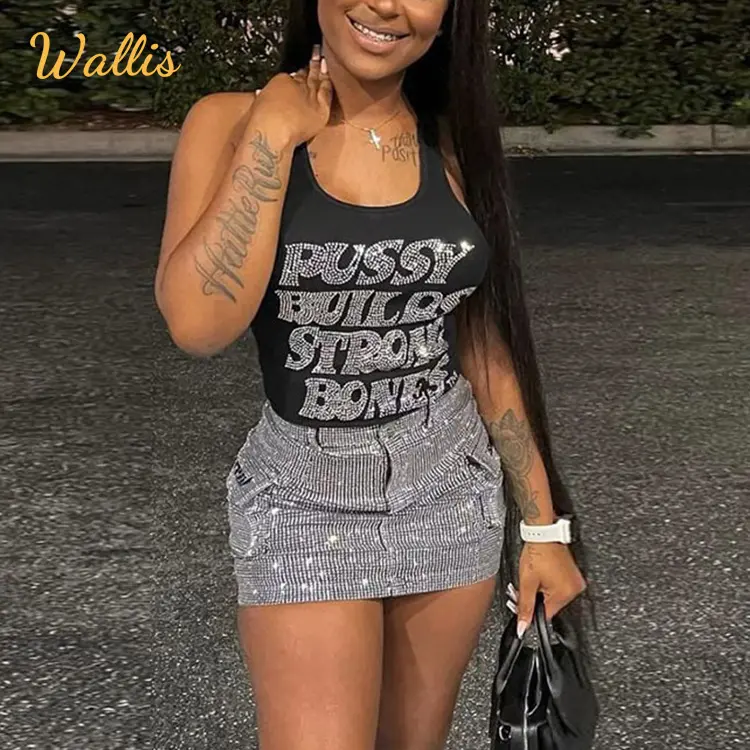 Frau Kleidung Mode Muschi baut starke Knochen neue Weste Hot Drill Tank Top U-Ausschnitt ärmellose Straße Sexy Skinny Plain Top