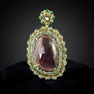925artpalace Indian Touch Gold Plated Victorian Pendant with Diamond & <b>Emerald</b> Sapphire Handmade Fashion Accessory - Product Image 1