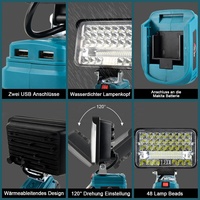 Lampe de travail sans fil 48 LED 60W pour Makita 18V Batterie 2 USB Port de charge Camping Pêche