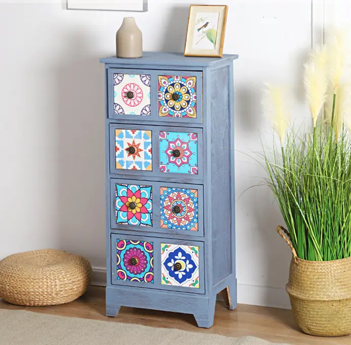 Armadio per decorazioni per la casa in legno blu antico con cassetti con stampa a colori mobili per camera da letto