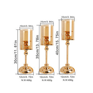 Set Lilin Mewah 3 Buah, Tempat Lilin Logam Emas Besar dengan Tutup Kaca Storm untuk Penggunaan di Meja Tengah Pernikahan - Product Image 2