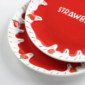 Customizable 8.5-inch underglaze strawberry <b>ceramic</b> <b>plate</b>, high-temperature resistant, cute, embossed dinner <b>plate</b>, Instagram - Product Image 1