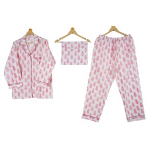 Pijamas indios de algodón puro 100% para mujer, conjunto de pijama de algodón suave con bañadores y camisas con estampado de bloques únicos para el verano - Product Image 1