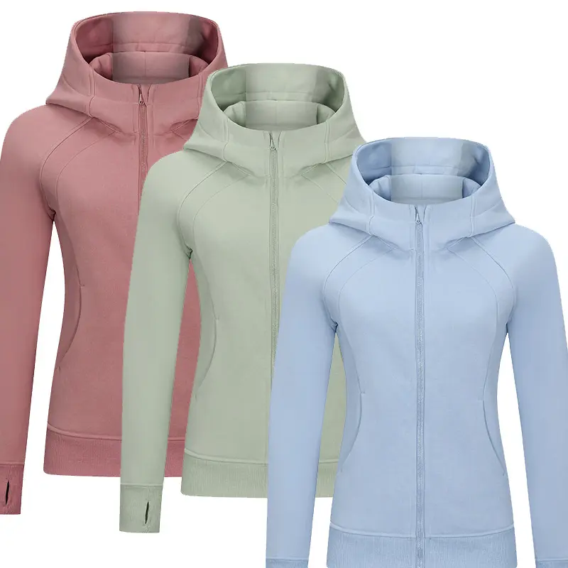 DJ028 Warm Hooded With Fleece Full Zipper Sports Jacket For Women's Outdoor Casual Yoga Gym Wear