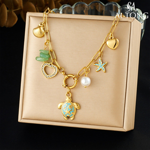 Collar con Colgante de Tortuga, Estrella de Mar y Vieira, Diseño Colorido en Acero Inoxidable, Estilo Resort Oceánico, Bañado en Oro, con Efecto de Goteo de Aceite, <span class=keywords><strong>para</strong></span> <span class=keywords><strong>Viajes</strong></span> - Product Image 1