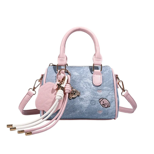 Bolso de mano para mujer con tela vaquera, bolso con diseño de perro bordado, asa en contraste rosa - Product Image 4