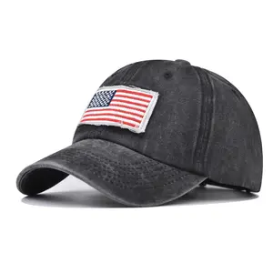Moda Custom Washed Cotton Bordado Baseball American Flag Pattern Trucker Hat Para Homens Mulheres
